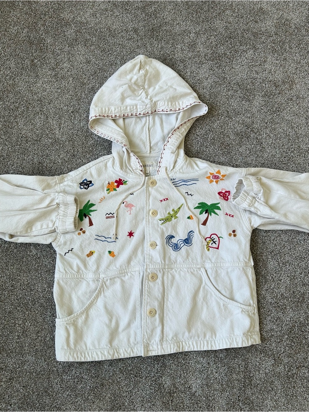 THE GREAT. Cream Hooded Embroidered Cropped Jacket